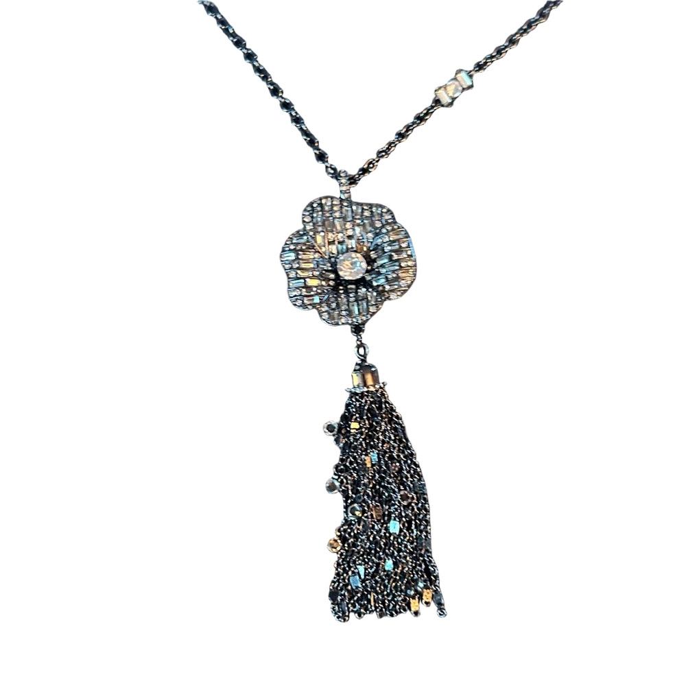 White House Black Market Gunmetal Crystal Flower Tassel Necklace